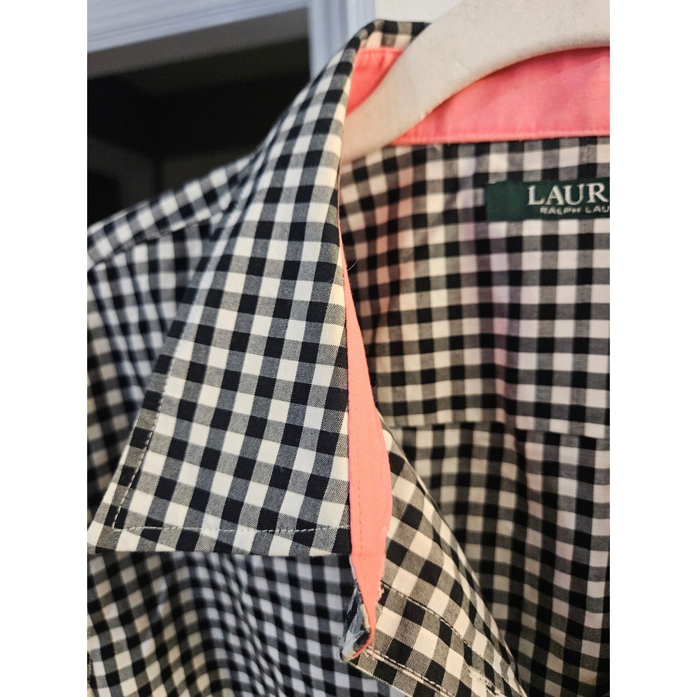 Lauren Ralph Lauren Womens 2X Gingham Button Down Shirt Black White Pink Trim